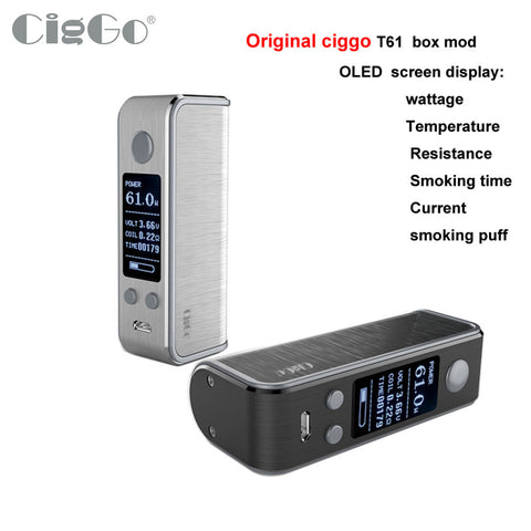 Original CigGo T61 TC Box Mod E Cigarette Vape Mod VW /VT/BYPASS Mod With OLED Screen Mini Upgrate Box Mod Aluminium Alloy